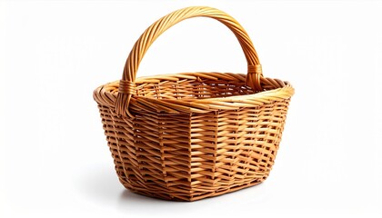 Wicker Basket With Arched Handle on White Background Empty Woven Container
