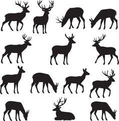 Set of Black Silhouette Deer in Various Poses