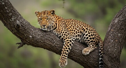 Obraz premium Majestic leopard rests serenely on a thick tree branch, its spotted coat blending with the natural camouflage of its wild habitat, exuding power and grace.