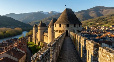 Historic Medieval Castle Fortress on a Hilltop Overlooking a Town and River.