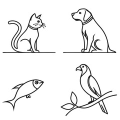 Simple line art icons of a cat dog fish and bird representing diverse pets and animals