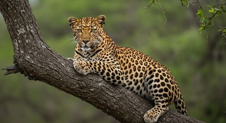 Fototapeta premium Majestic leopard reclines on a weathered tree branch, its striking spotted coat blending with the natural forest backdrop, exuding power and grace.