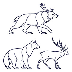 Fototapeta premium Stylized outline illustrations of a wolf a reindeer and a stag with antlers on a white background