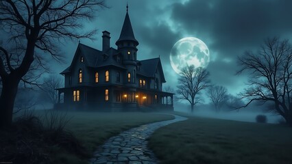 Haunted Victorian Mansion with Stormy Sky