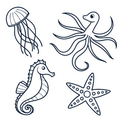 Charming hand drawn outline illustrations of a jellyfish octopus seahorse and starfish on white background