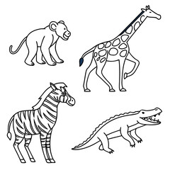 Cute cartoon outline drawings of a lion cub giraffe zebra and crocodile on a white background