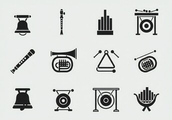 A collection of twelve black and white icons representing various musical instruments.
