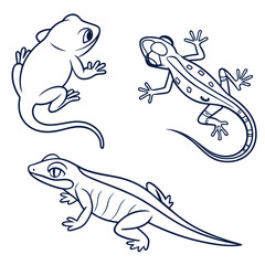 Naklejka premium Set of three simple outline drawings of different types of lizards and a frog on a white background
