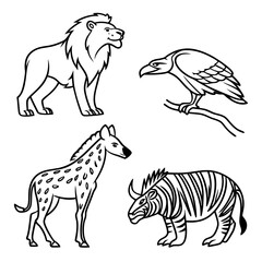 Collection of four cartoon style african savanna animals including a lion vulture hyena and wildebeest