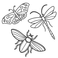 Simple black and white line art illustration of a butterfly a dragonfly and a beetle on a white background