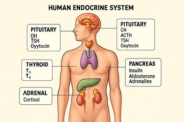 Human endocrine system anatomy with glands and hormones on light background