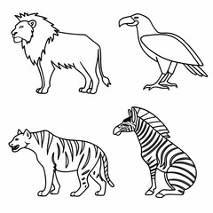 Collection of stylized african safari animals including a lion eagle hyena and zebra in a simple line art style
