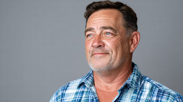 Middle‑aged man portrait with gentle smile and thoughtful expression wearing blue plaid shirt, studio background, warm natural light, contemplative mood