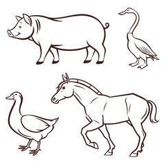 Collection of farm animals including a pig horse and two geese in a simple line drawing style