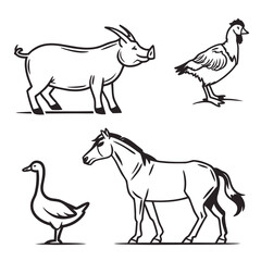 Collection of stylized black and white line art farm animals including a pig chicken horse and goose