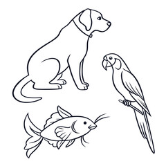 Simple line art illustrations of a dog parrot and fish on a white background