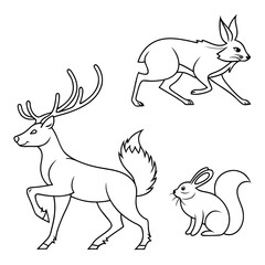 Stylized line art illustrations of a deer a running hare and a sitting squirrel on a white background