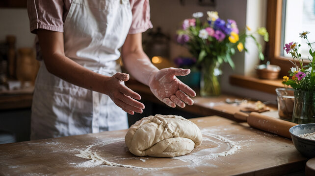 Jessica folds the dough getly