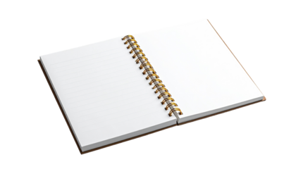 Open spiral-bound notebook with blank pages.  The book is open, showing the white pages.  Gold spiral binding is visible.  The cover appears light brownish-tan.  3D rendering