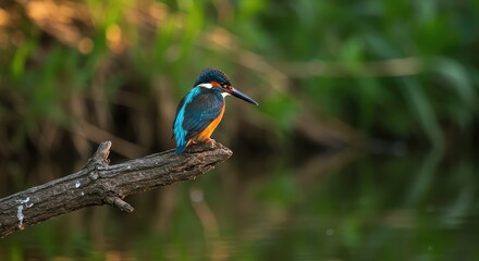 Obraz premium Vibrant kingfisher perched on weathered branch overlooking calm water, bathed in warm golden hour light, showcasing stunning natural beauty and serene wildlife