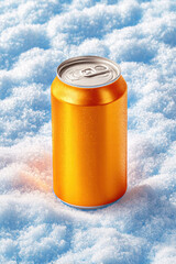 Cold orange soda can resting on sparkling snow with condensation and bright highlights, refreshing winter beverage scene with cool texture and high angle perspective