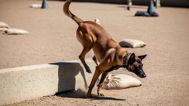 A powerful belgian malinois dog jumps over an obstacle during K9 training outdoors. Animal agility and obedience concept video.