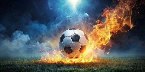 Fototapeta premium Fiery Soccer Ball on a Field of Dreams, Illuminated by a Mystical Glow, Surrounded by Smoke and Intense Flames