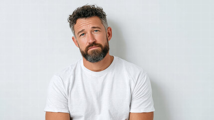 Bearded man wearing white t shirt sits alone against light wall with contemplative expression, conveying quiet introspection and calm emotion