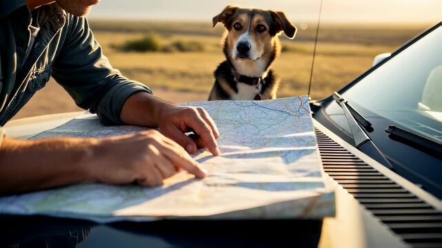 Man looking at a map on car hood with his dog. Road trip adventure. Direction searching for travel. Outdoor journey. Footage.