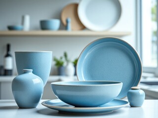 A serene kitchen scene featuring blue ceramic tableware elegantly arranged on a countertop