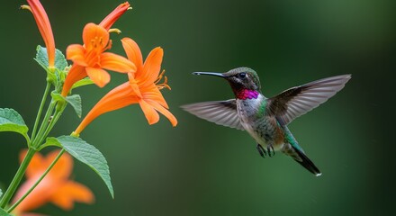 Stunning hummingbird with vibrant iridescent plumage hovers gracefully near bright orange trumpet flowers, capturing a moment of delicate natural beauty and swift motion.