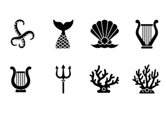 Collection of black and white silhouette icons representing various underwater elements, including sea creatures, shells, and musical instruments.