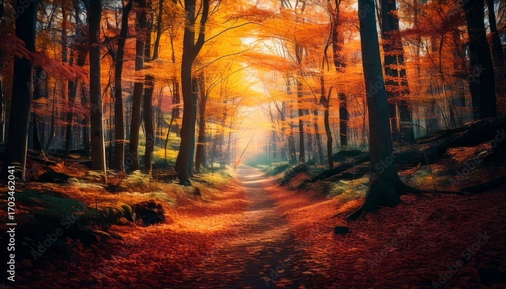 Poster a tranquil path through a vivid autumn forest: sunlight filtering through golden canopy and a pathwa