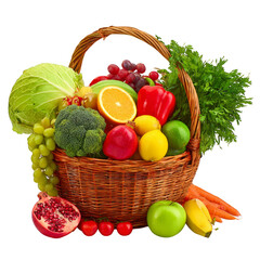 A basket of fruits and vegetables including apples, oranges, grapes, and carrots