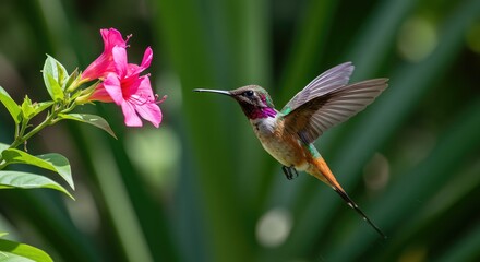 Fototapeta premium Stunning hummingbird hovers gracefully near vibrant pink flower, capturing delicate nectar in lush green garden setting, showcasing nature's exquisite beauty and aerial agility.