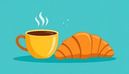 A cheerful depiction of a cup of coffee and a croissant
