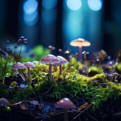 Fototapeta premium Enchanted Forest Floor: A Glimpse into the Magical World of Mushrooms and Moss Under a Mystical Blue Light
