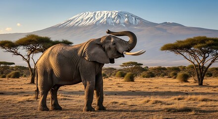 Fototapeta premium Elephant in African Savanna with Kilimanjaro.