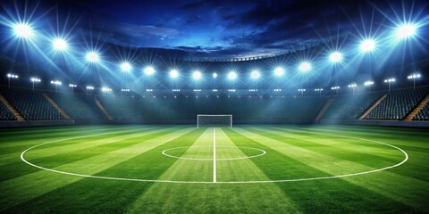 Nighttime stadium, illuminated field, empty seats, anticipation of a game