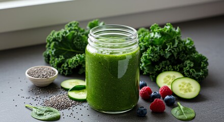 Green smoothie with kale cucumber and berries