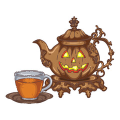 Ornate Halloween Jack-o'-Lantern Teapot with Cup of Tea