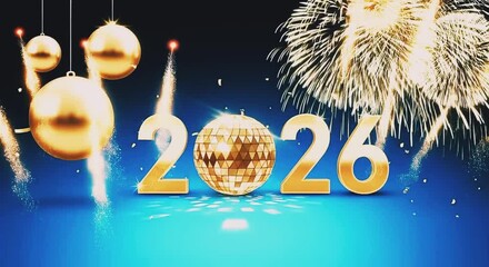 Golden 2026 text with disco ball and fireworks on blue background with confetti