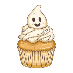 Cute Ghost Cupcake with Swirled Icing and Friendly Face