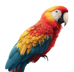 A colorful parrot with a black beak stands on a white background