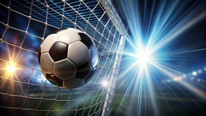 A Dramatic Close-Up of a Soccer Ball Entering the Net During a Thrilling Night Game