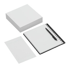 Top-down flat lay of transparent paper stack, ruled sheet, open spiral notebook, and black pen, meticulously arranged on transparent background. Concept of professional utility
