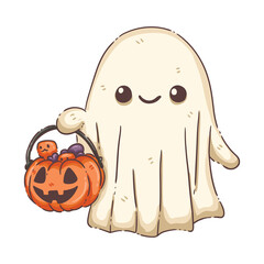 Cute Ghost Holding a Pumpkin Trick-or-Treat Basket