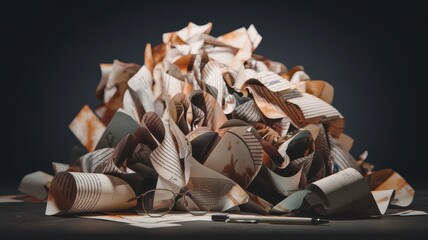 A large pile of crumpled and shredded documents sits on a dark surface.