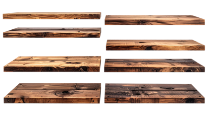 Multiple rustic wooden shelves, various sizes and heights, isolated on black background. 