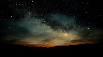 Dramatic starry horizon glowing with soft nebula light, featuring an empty dark sky that provides ample copy space for text, logos, or design elements, capturing a stunning cosmic nighttime scene.